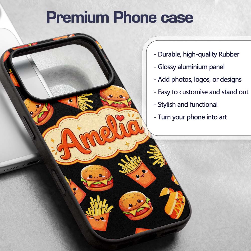 Cute Kawaii Burger Fries Hotdog Fast Food Black Custom Name Protective Phone Case Mobile Cover Durable Everyday Smartphone Shock Resistant