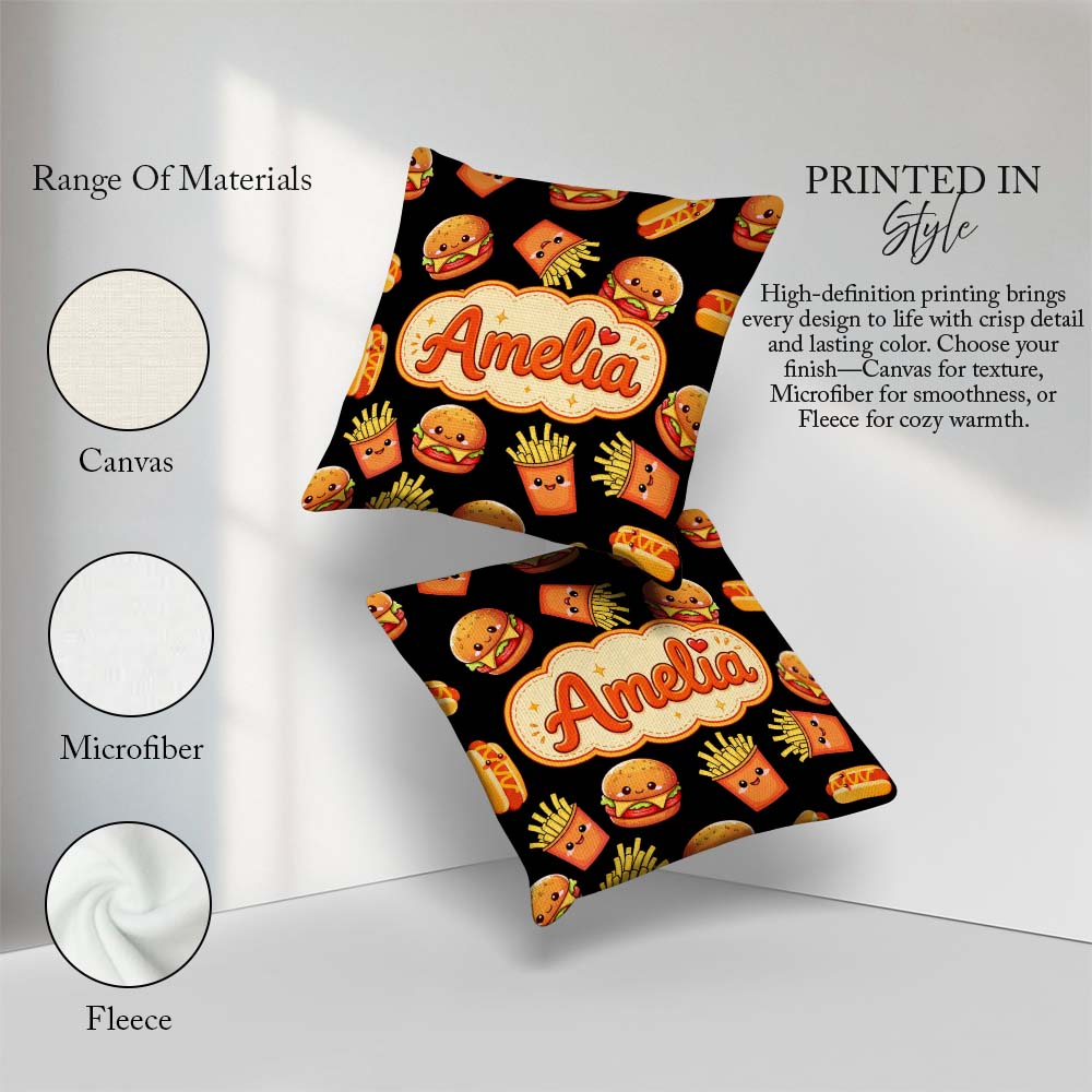Custom Name Kawaii Burger Fries Hotdog Fast Food Black Seamless Square Filled Cushion Throw Pillow Sofa Bed Home Decor Zip Washable UK Made
