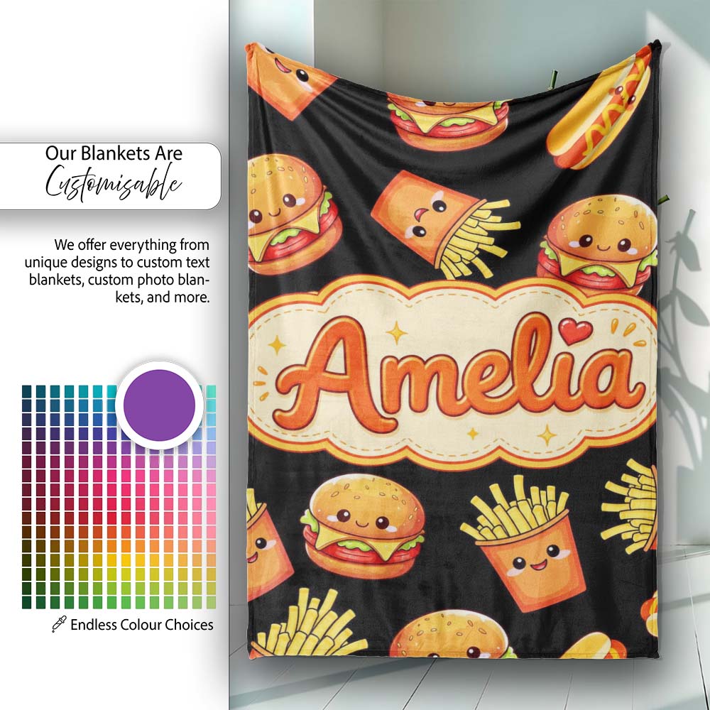 Cute Kawaii Burger Fries Hotdog Fast Food Black Background Seamless  Personalised Custom Name Super Soft Fleece Blanket Bed Sofa Throw