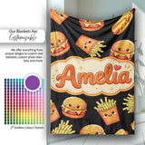 Cute Kawaii Burger Fries Hotdog Fast Food Black Background Seamless  Personalised Custom Name Super Soft Fleece Blanket Bed Sofa Throw