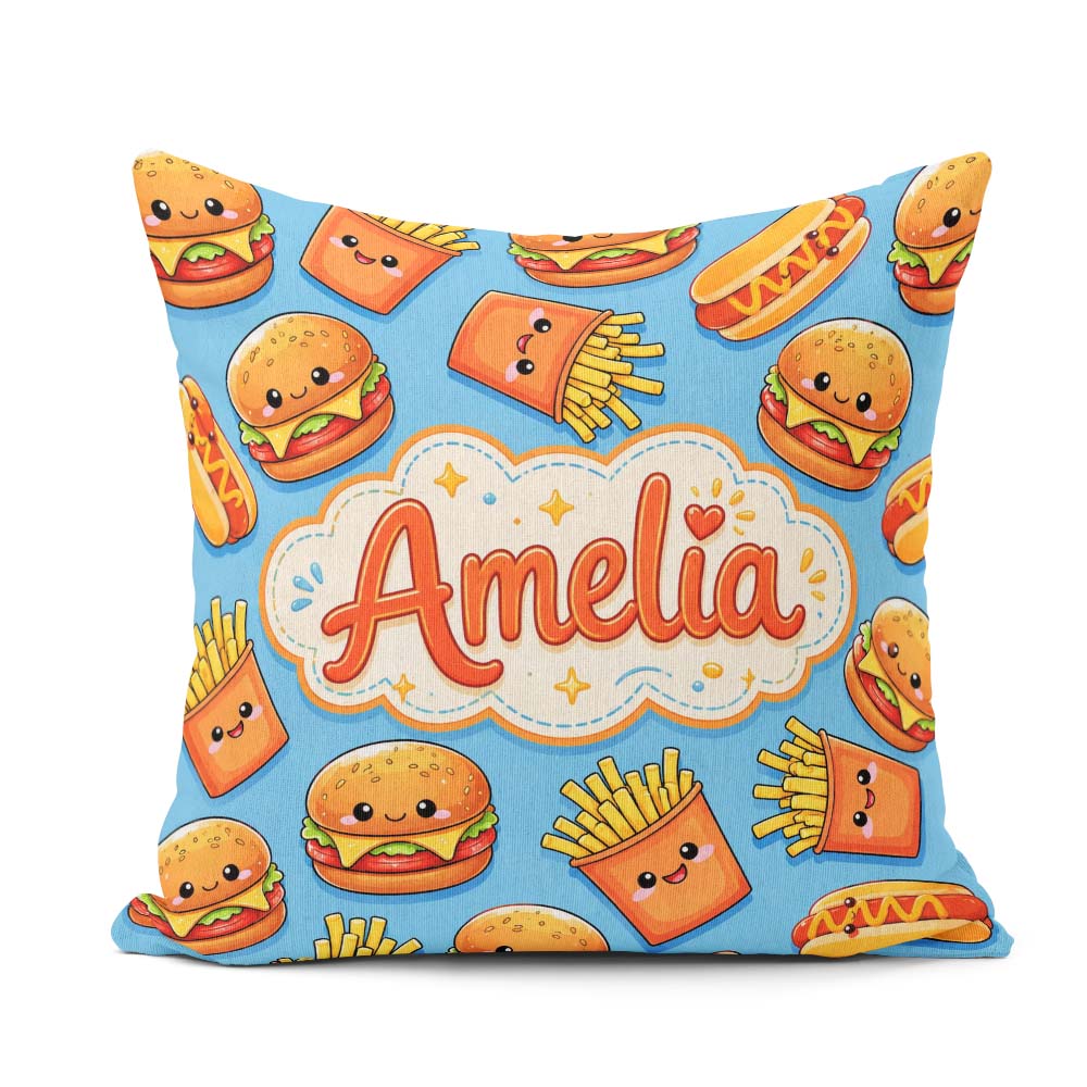 Custom Name Kawaii Burger Fries Hotdog Fast Food Blue Background Square Filled Cushion Throw Pillow Sofa Bed Home Decor Zip Washable UK Made