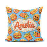 Custom Name Kawaii Burger Fries Hotdog Fast Food Blue Background Square Filled Cushion Throw Pillow Sofa Bed Home Decor Zip Washable UK Made