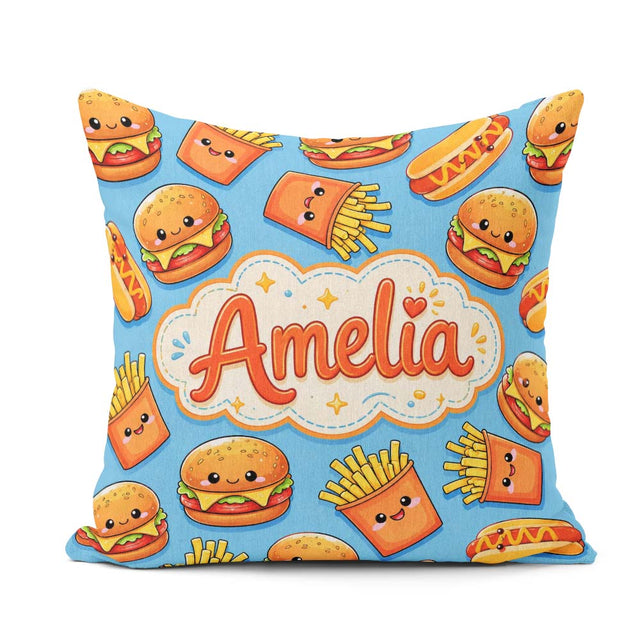 Custom Name Kawaii Burger Fries Hotdog Fast Food Blue Background Square Filled Cushion Throw Pillow Sofa Bed Home Decor Zip Washable UK Made