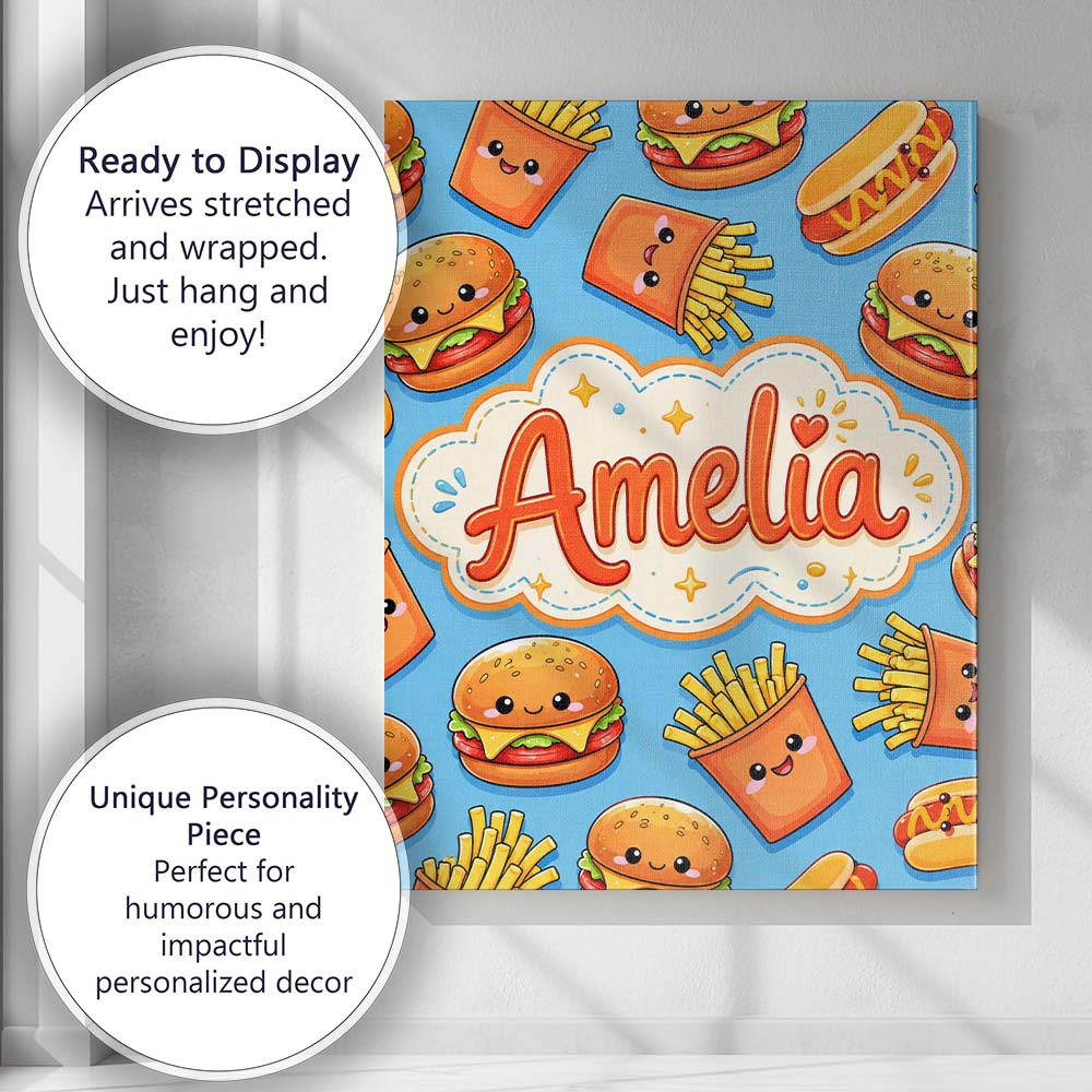 Personalised Name Cute Kawaii Burger Fries Custom  Unique Gift Idea Elegant Feature Canvas Wall Art Print Decor Picture Ready to Hang