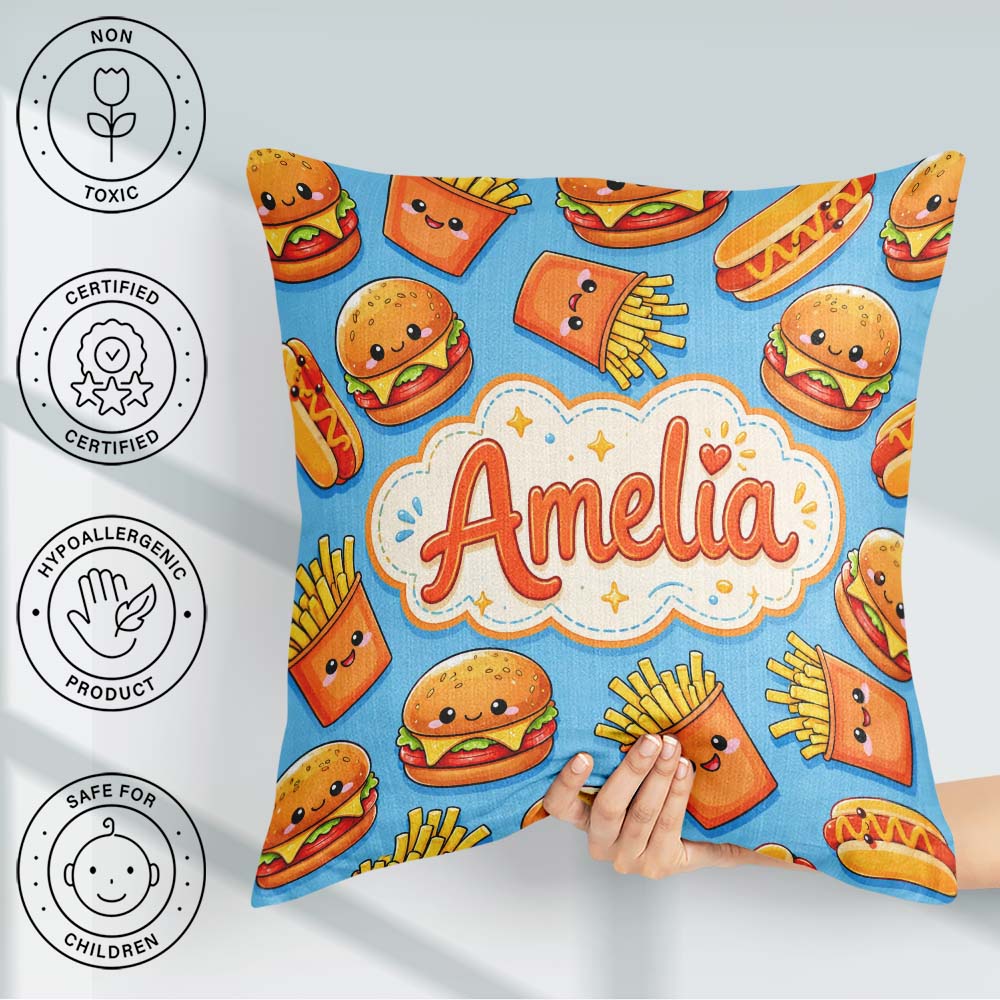 Custom Name Kawaii Burger Fries Hotdog Fast Food Blue Background Square Filled Cushion Throw Pillow Sofa Bed Home Decor Zip Washable UK Made