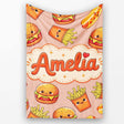 Cute Kawaii Burger Fries Hotdog Fast Food Beige Background Seamless  Personalised Custom Name Super Soft Fleece Blanket Bed Sofa Throw