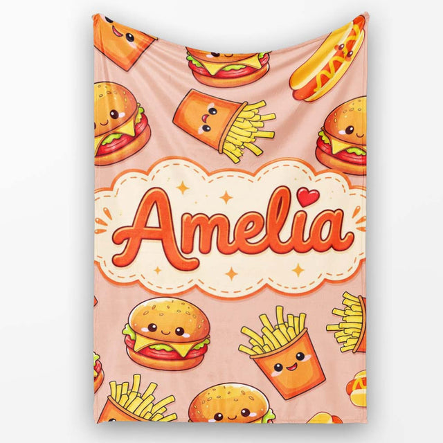 Cute Kawaii Burger Fries Hotdog Fast Food Beige Background Seamless  Personalised Custom Name Super Soft Fleece Blanket Bed Sofa Throw