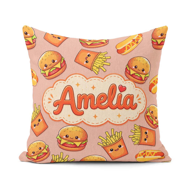 Custom Name Kawaii Burger Fries Hotdog Fast Food Beige Seamless Square Filled Cushion Throw Pillow Sofa Bed Home Decor Zip Washable UK Made