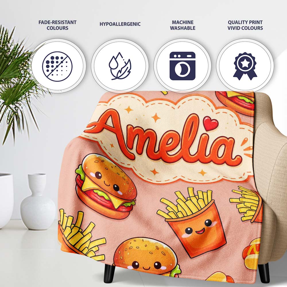 Cute Kawaii Burger Fries Hotdog Fast Food Beige Background Seamless  Personalised Custom Name Super Soft Fleece Blanket Bed Sofa Throw