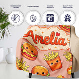 Cute Kawaii Burger Fries Hotdog Fast Food Beige Background Seamless  Personalised Custom Name Super Soft Fleece Blanket Bed Sofa Throw