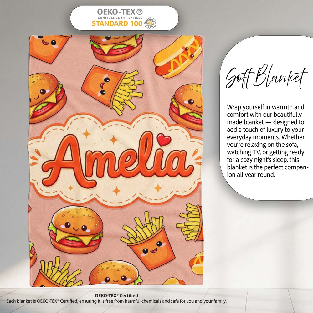 Cute Kawaii Burger Fries Hotdog Fast Food Beige Background Seamless  Personalised Custom Name Super Soft Fleece Blanket Bed Sofa Throw