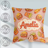Custom Name Kawaii Burger Fries Hotdog Fast Food Beige Seamless Square Filled Cushion Throw Pillow Sofa Bed Home Decor Zip Washable UK Made