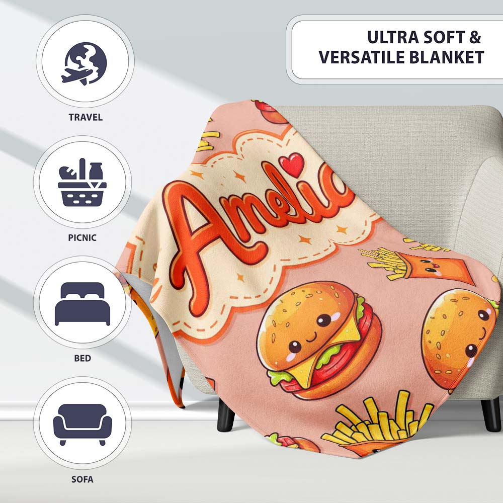 Cute Kawaii Burger Fries Hotdog Fast Food Beige Background Seamless  Personalised Custom Name Super Soft Fleece Blanket Bed Sofa Throw