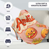 Cute Kawaii Burger Fries Hotdog Fast Food Beige Background Seamless  Personalised Custom Name Super Soft Fleece Blanket Bed Sofa Throw