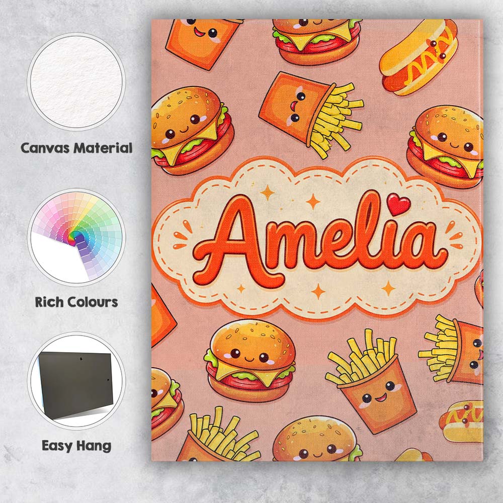Personalised Name Cute Kawaii Burger Fries Custom  Unique Gift Idea Elegant Feature Canvas Wall Art Print Decor Picture Ready to Hang