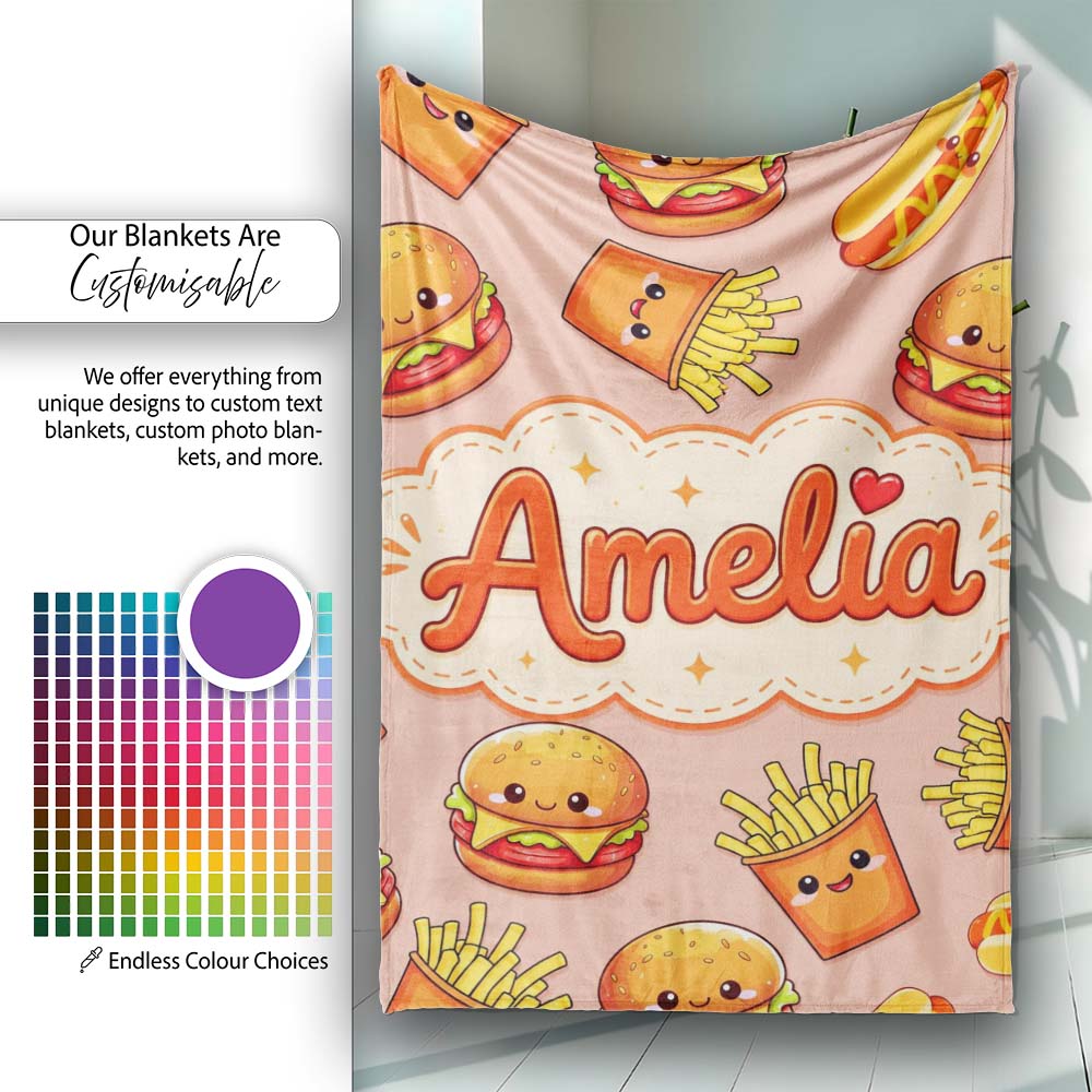 Cute Kawaii Burger Fries Hotdog Fast Food Beige Background Seamless  Personalised Custom Name Super Soft Fleece Blanket Bed Sofa Throw