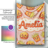 Cute Kawaii Burger Fries Hotdog Fast Food Beige Background Seamless  Personalised Custom Name Super Soft Fleece Blanket Bed Sofa Throw