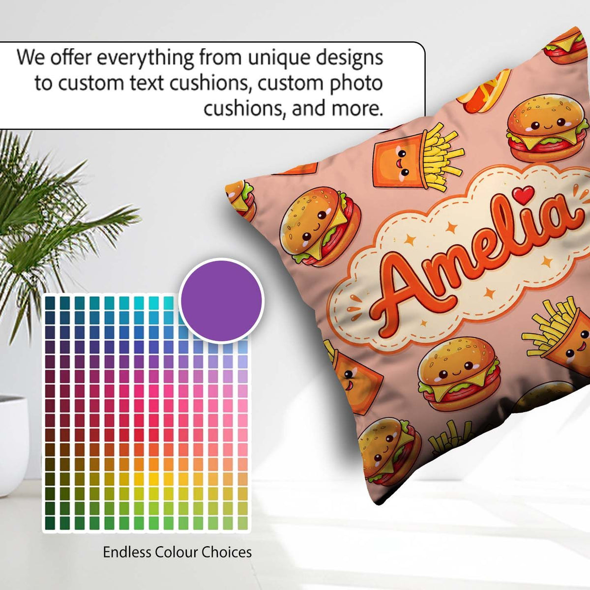 Custom Name Kawaii Burger Fries Hotdog Fast Food Beige Seamless Square Filled Cushion Throw Pillow Sofa Bed Home Decor Zip Washable UK Made