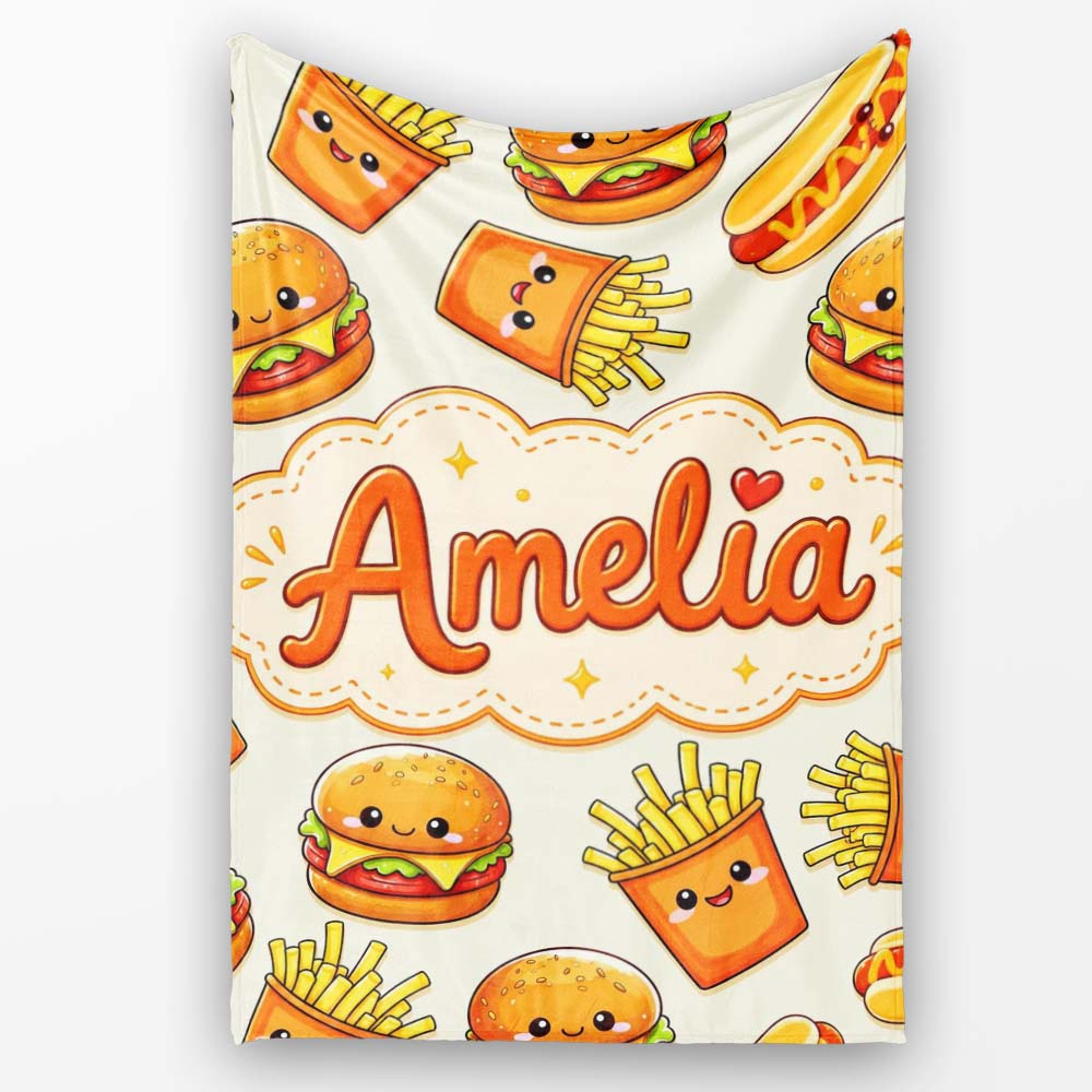 Kawaii Burger Fries Hotdog Fast Food Light Cream Seamless Pattern  Personalised Custom Name Super Soft Fleece Blanket Bed Sofa Throw