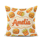 Custom Name Kawaii Burger Fries Hotdog Fast Light Cream Seamless Square Filled Cushion Throw Pillow Sofa Bed Home Decor Zip Washable UK Made