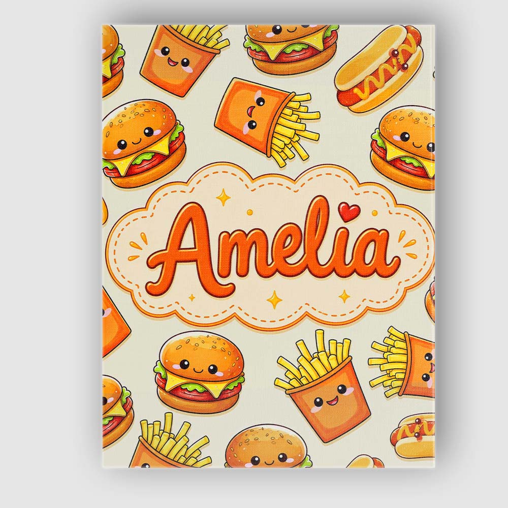 Personalised Name Kawaii Burger Fries Custom Modern Room Accent Creative Decorator Style Canvas Wall Art Print Decor Picture Ready to Hang