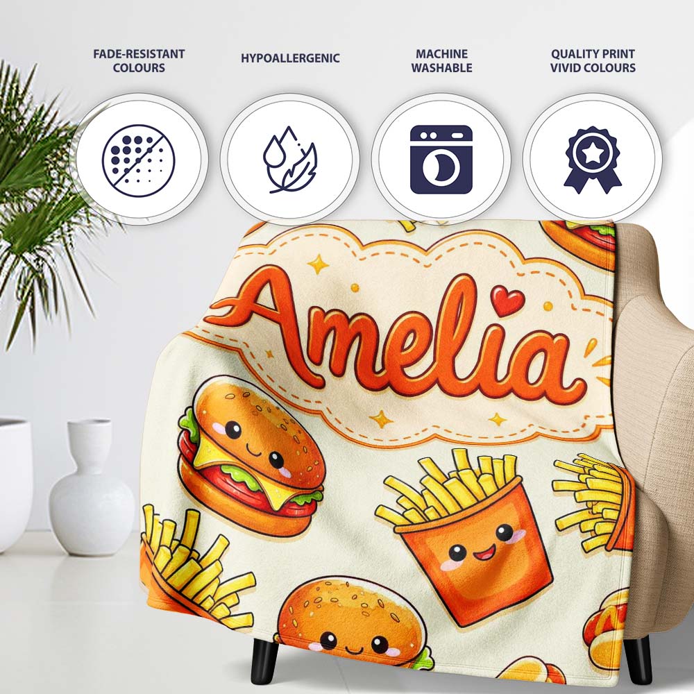 Kawaii Burger Fries Hotdog Fast Food Light Cream Seamless Pattern  Personalised Custom Name Super Soft Fleece Blanket Bed Sofa Throw