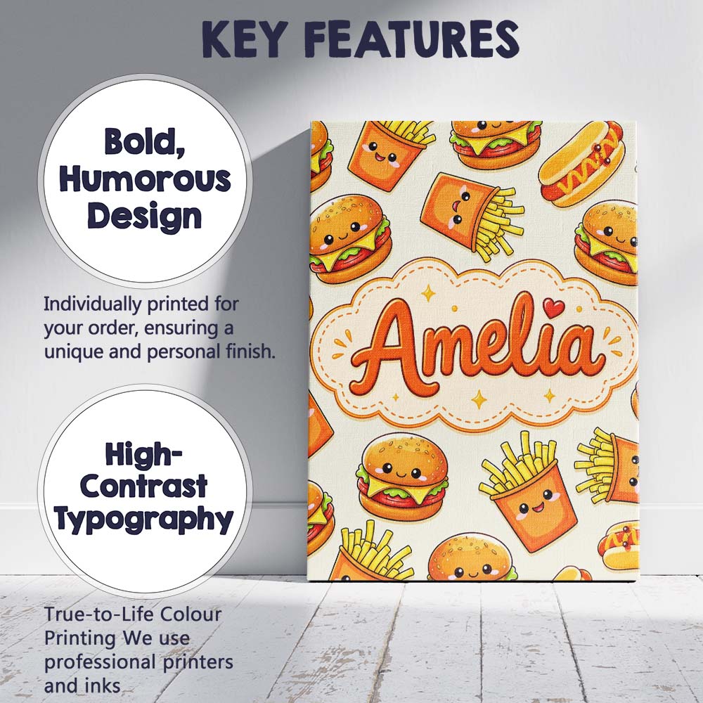 Personalised Name Kawaii Burger Fries Custom Modern Room Accent Creative Decorator Style Canvas Wall Art Print Decor Picture Ready to Hang