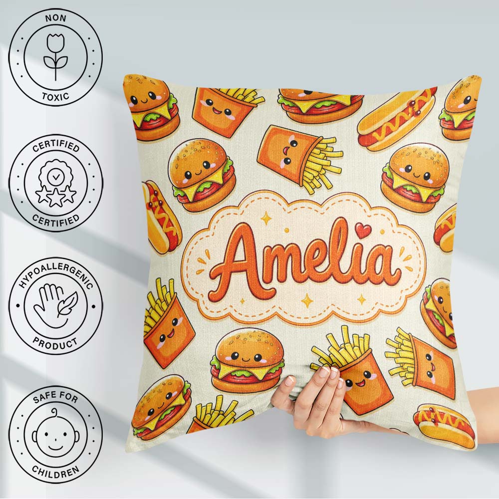 Custom Name Kawaii Burger Fries Hotdog Fast Light Cream Seamless Square Filled Cushion Throw Pillow Sofa Bed Home Decor Zip Washable UK Made