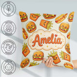 Custom Name Kawaii Burger Fries Hotdog Fast Light Cream Seamless Square Filled Cushion Throw Pillow Sofa Bed Home Decor Zip Washable UK Made