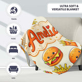 Kawaii Burger Fries Hotdog Fast Food Light Cream Seamless Pattern  Personalised Custom Name Super Soft Fleece Blanket Bed Sofa Throw