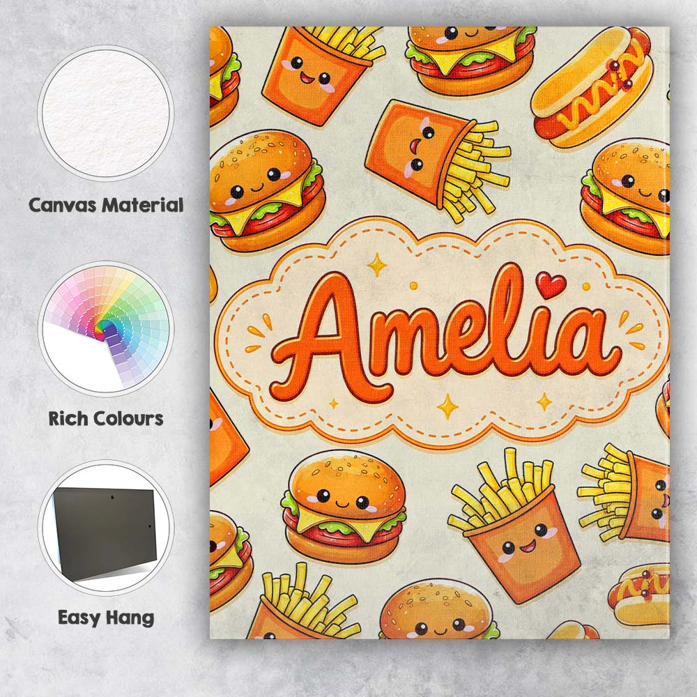 Personalised Name Kawaii Burger Fries Custom Modern Room Accent Creative Decorator Style Canvas Wall Art Print Decor Picture Ready to Hang