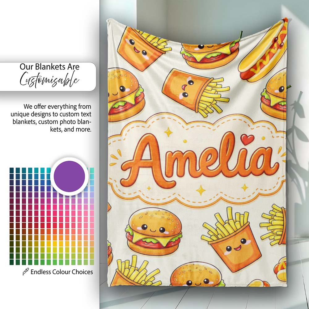 Kawaii Burger Fries Hotdog Fast Food Light Cream Seamless Pattern  Personalised Custom Name Super Soft Fleece Blanket Bed Sofa Throw