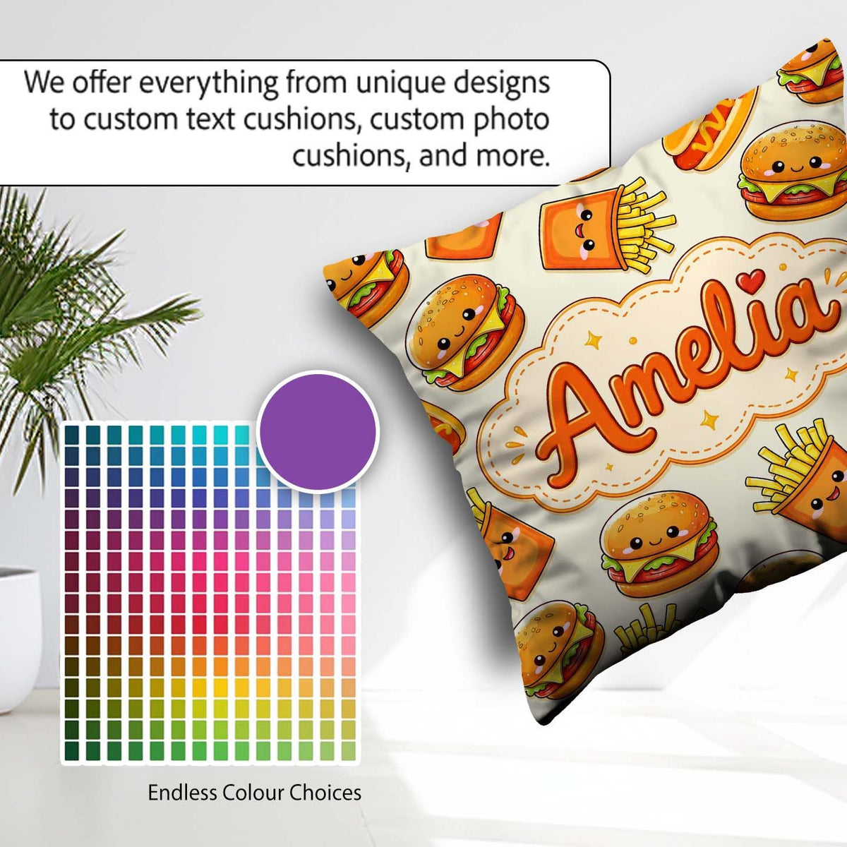 Custom Name Kawaii Burger Fries Hotdog Fast Light Cream Seamless Square Filled Cushion Throw Pillow Sofa Bed Home Decor Zip Washable UK Made