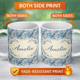 Personalized Custom Name Blue Jay Bird Minimal Branch Blossom Seamless Soft Grey Botanical 11oz Ceramic Coffee Tea Mug White Large Handle