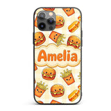 Cute Kawaii Burger Fries Hotdog Fast Food Gingham Custom Name Protective Phone Case Mobile Cover Durable Everyday Smartphone Shock Resistant
