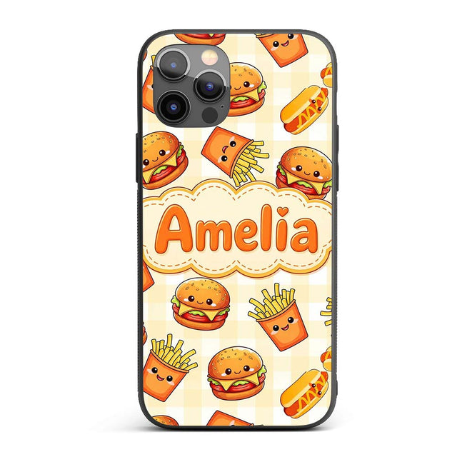 Cute Kawaii Burger Fries Hotdog Fast Food Gingham Custom Name Protective Phone Case Mobile Cover Durable Everyday Smartphone Shock Resistant