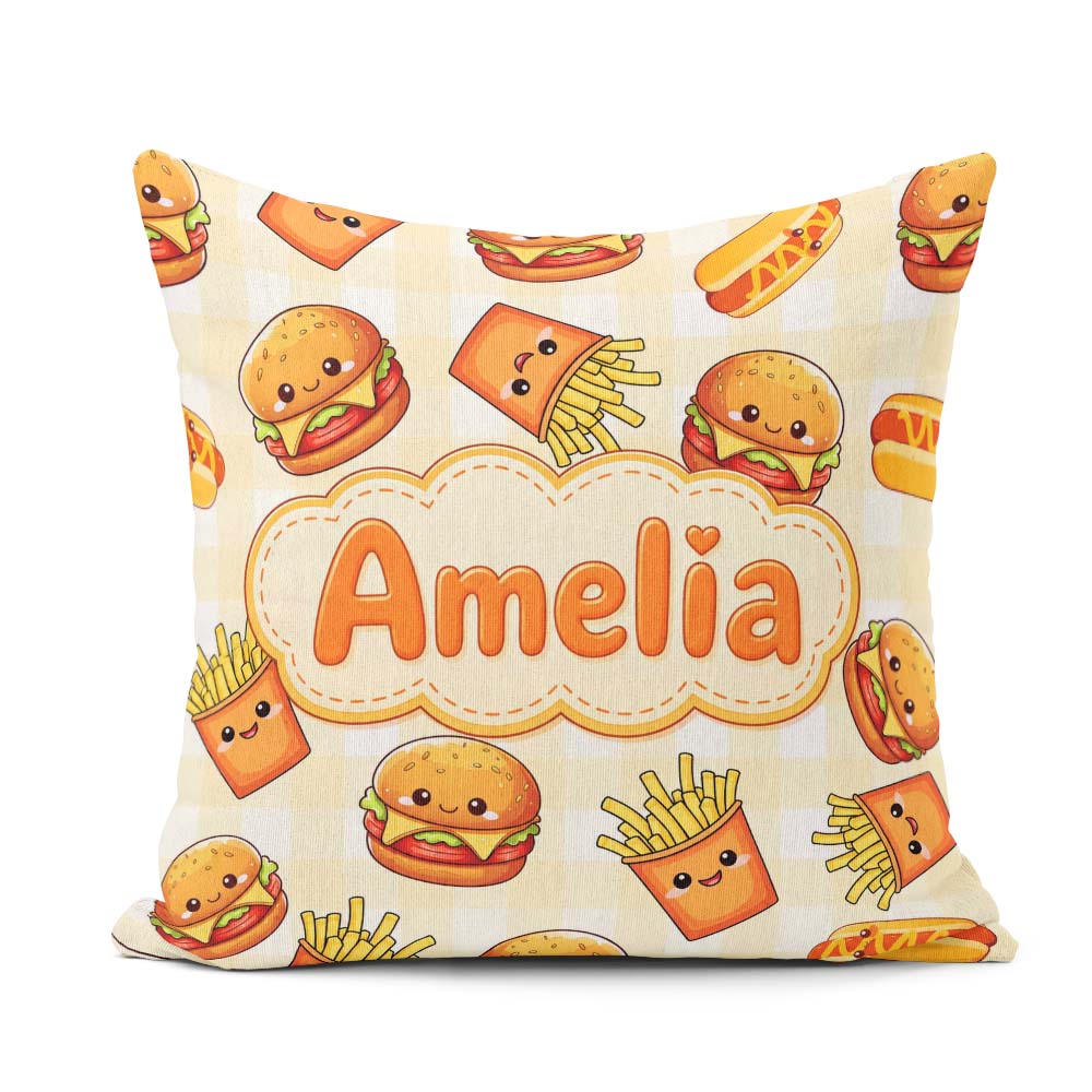 Custom Name Cute Kawaii Burger Fries Hotdog Fast Food Background Square Filled Cushion Throw Pillow Sofa Bed Home Decor Zip Washable UK Made