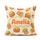 Custom Name Cute Kawaii Burger Fries Hotdog Fast Food Background Square Filled Cushion Throw Pillow Sofa Bed Home Decor Zip Washable UK Made