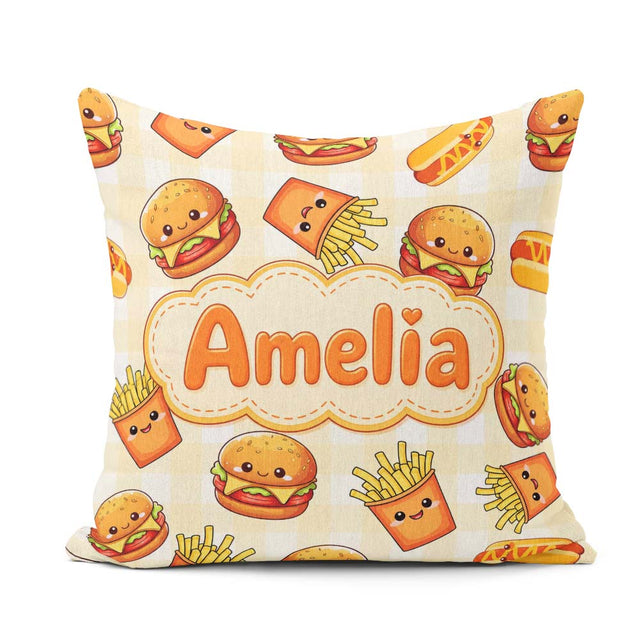 Custom Name Cute Kawaii Burger Fries Hotdog Fast Food Background Square Filled Cushion Throw Pillow Sofa Bed Home Decor Zip Washable UK Made