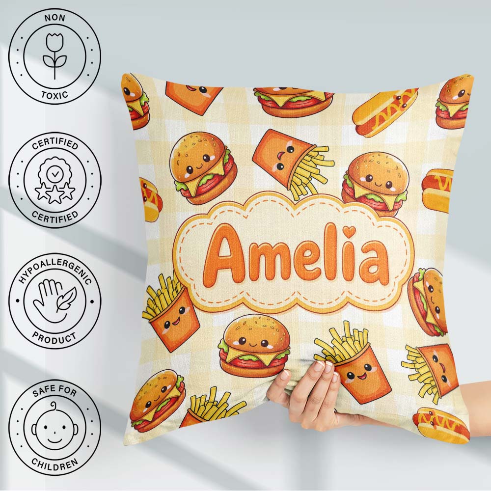 Custom Name Cute Kawaii Burger Fries Hotdog Fast Food Background Square Filled Cushion Throw Pillow Sofa Bed Home Decor Zip Washable UK Made