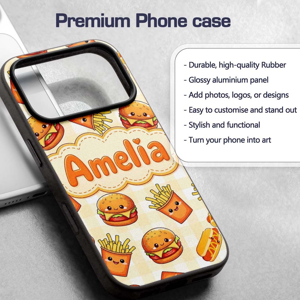 Cute Kawaii Burger Fries Hotdog Fast Food Gingham Custom Name Protective Phone Case Mobile Cover Durable Everyday Smartphone Shock Resistant