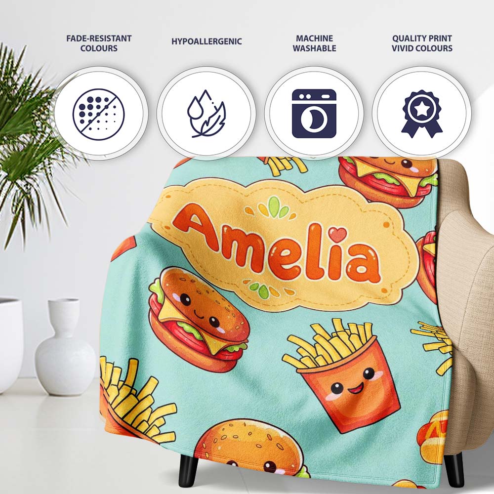 Kawaii Burger Fries Hotdog Fast Food Mint Green Seamless Pattern  Personalised Custom Name Super Soft Fleece Blanket Bed Sofa Throw