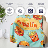 Kawaii Burger Fries Hotdog Fast Food Mint Green Seamless Pattern  Personalised Custom Name Super Soft Fleece Blanket Bed Sofa Throw