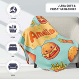 Kawaii Burger Fries Hotdog Fast Food Mint Green Seamless Pattern  Personalised Custom Name Super Soft Fleece Blanket Bed Sofa Throw