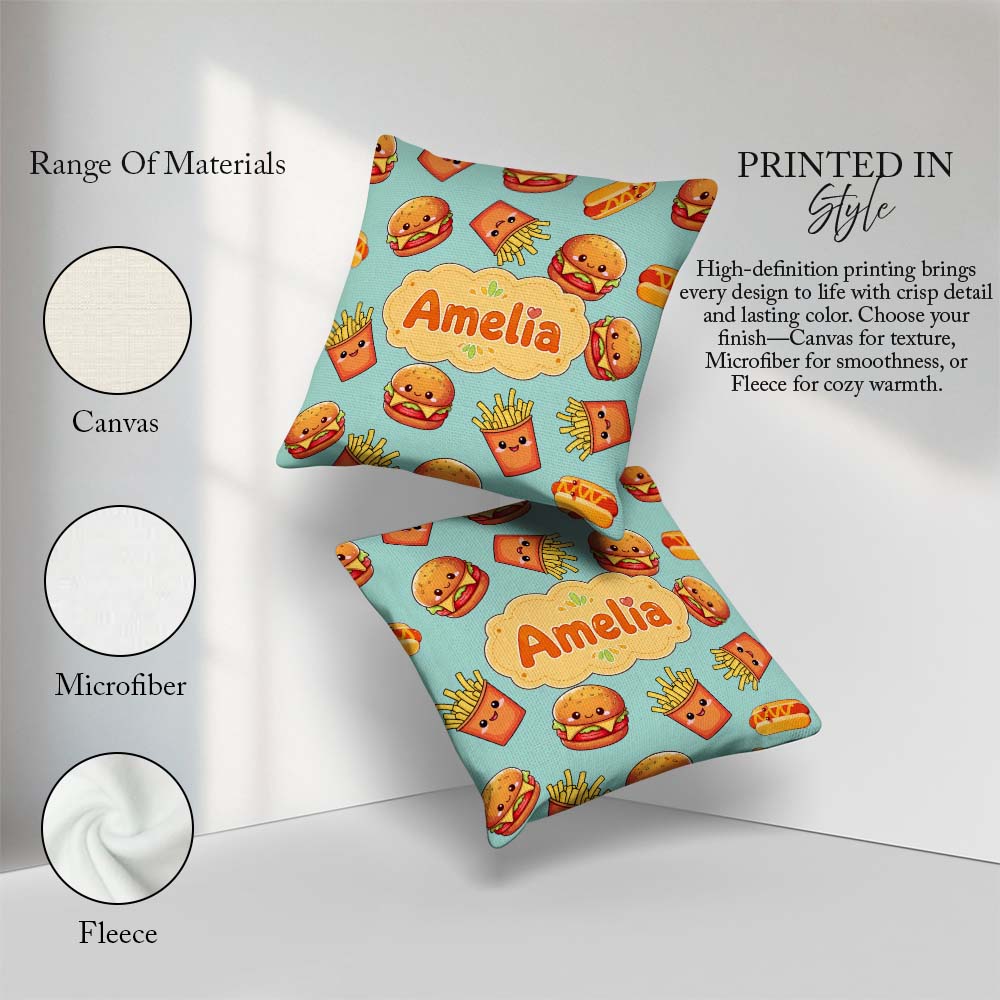 Custom Name Kawaii Burger Hotdog Fast Food Mint Seamless Pattern Square Filled Cushion Throw Pillow Sofa Bed Home Decor Zip Washable UK Made