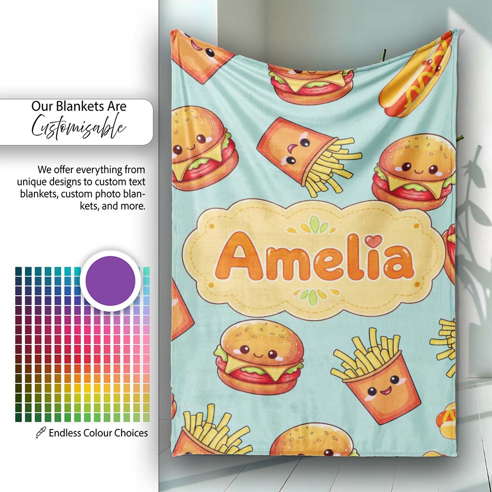 Kawaii Burger Fries Hotdog Fast Food Mint Green Seamless Pattern  Personalised Custom Name Super Soft Fleece Blanket Bed Sofa Throw