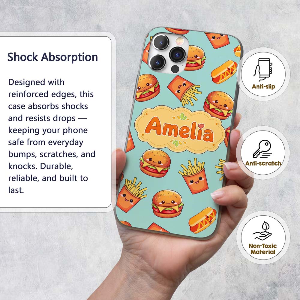 Kawaii Burger Fries Hotdog Fast Food Mint Green Custom Name Protective Phone Case Mobile Cover Durable Everyday Smartphone Shock Resistant