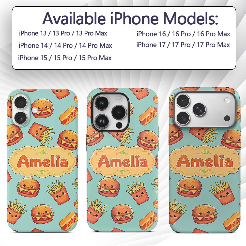Kawaii Burger Fries Hotdog Fast Food Mint Green Custom Name Protective Phone Case Mobile Cover Durable Everyday Smartphone Shock Resistant