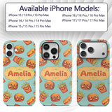 Kawaii Burger Fries Hotdog Fast Food Mint Green Custom Name Protective Phone Case Mobile Cover Durable Everyday Smartphone Shock Resistant