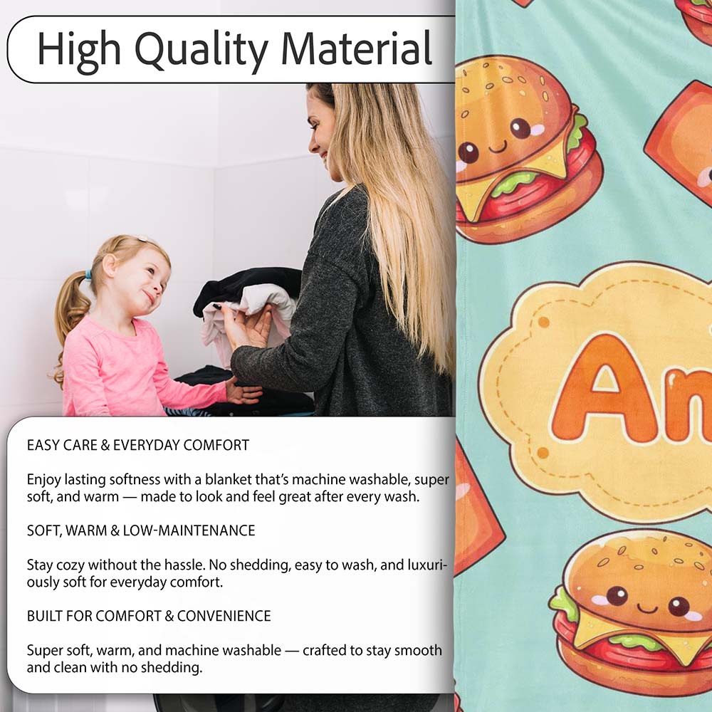 Kawaii Burger Fries Hotdog Fast Food Mint Green Seamless Pattern  Personalised Custom Name Super Soft Fleece Blanket Bed Sofa Throw